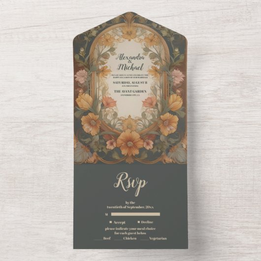 Antiek Bloemen Art Nouveau bruiloft All In One Uitnodiging (Binnen)
