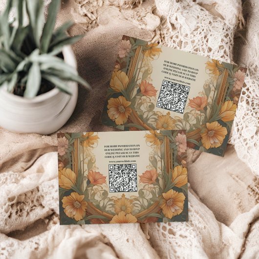 Antiek Bloemen Art Nouveau bruiloft Informatiekaartje