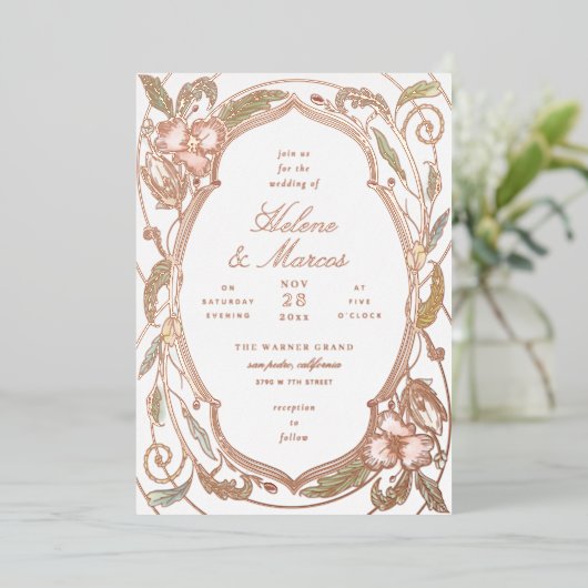 Antiek Bloemen Art Nouveau Bruiloft Roos Goud II Folie Uitnodiging (Staand Voorkant)