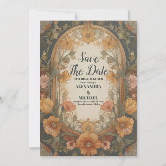 Antiek Bloemen Art Nouveau bruiloft Save The Date (Voorkant)
