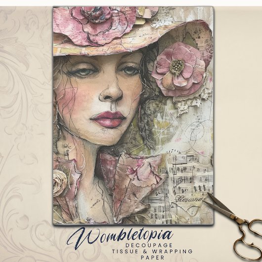 Antiek Bloemen Collage Vrouw Portret Decoupage Tissuepapier