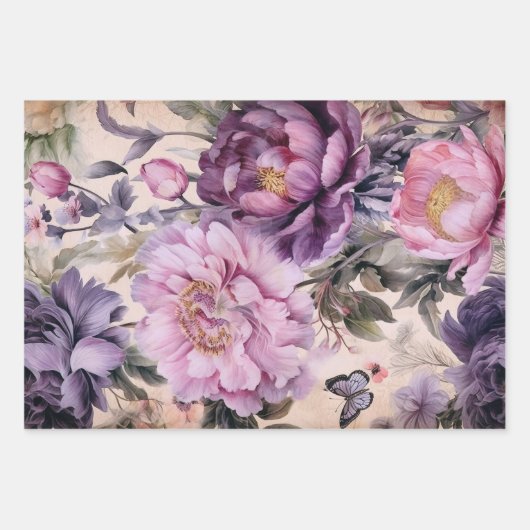 Antiek Bloemen en Vlinder Decoupage, Paarse Inpakpapier Vel (Voorkant)