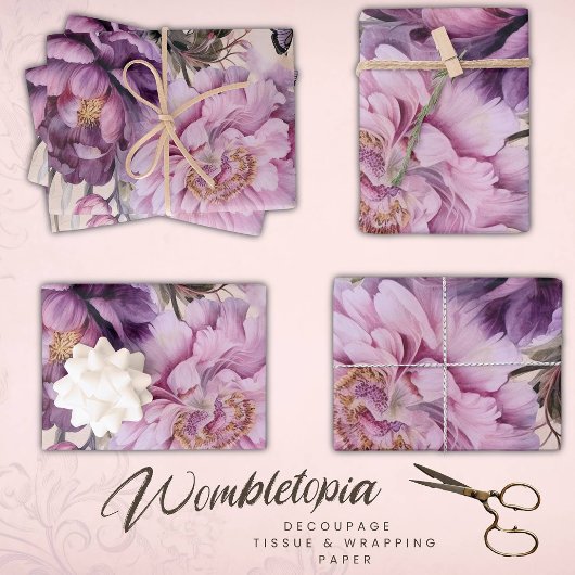 Antiek Bloemen en Vlinder Decoupage, Paarse Inpakpapier Vel