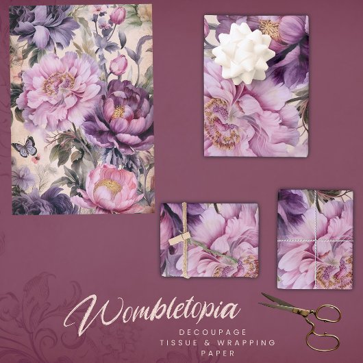 Antiek Bloemen en Vlinder Decoupage, Paarse Inpakpapier Vel