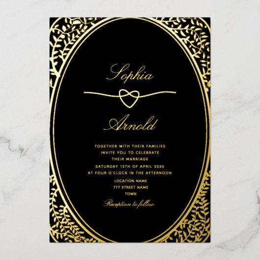 Antiek Bloemen Goud en Zwarte Huwelijk Folie Uitnodiging (Voorkant)