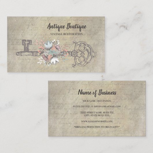 Antiek Bloemen Skelet Key  Restauratie Visitekaartje (Voorkant / Achterkant)