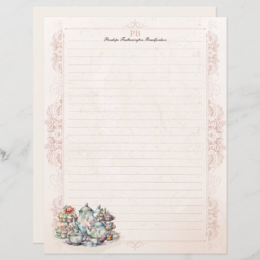 Antiek Bloemen Tea Party Monogram gevoerd briefpap (Voorkant / Achterkant)