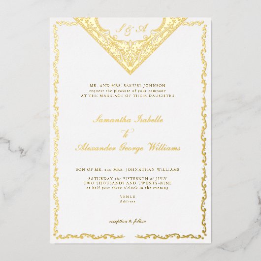 Antiek Bloemen Western  Monogram Huwelijk Folie Uitnodiging (Voorkant)