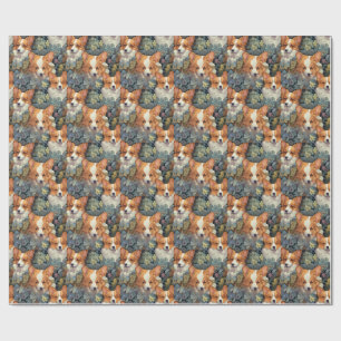 Antiek Bloemmotief Corgi Patroon Mooie Botanische  Cadeaupapier