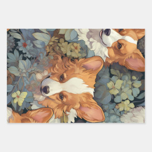 Antiek Bloemmotief Corgi Patroon Mooie Botanische  Inpakpapier Vel