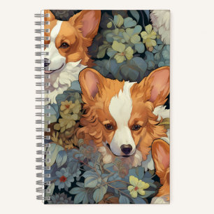 Antiek Bloemmotief Corgi Patroon Mooie Botanische Notitieboek
