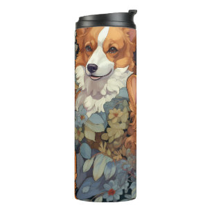 Antiek Bloemmotief Corgi Patroon Mooie Botanische  Thermosbeker