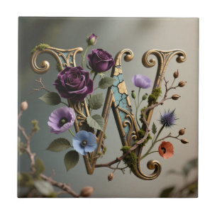 Antiek bloemmotief gouden letter W monogram Tegeltje