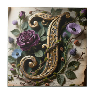 Antiek bloemmotief gouden patina letter J Tegeltje