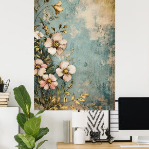 Antiek bloemmotief met een textuur- of verweerde u poster