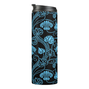 Antiek bloempatroon zwart op blauw thermosbeker