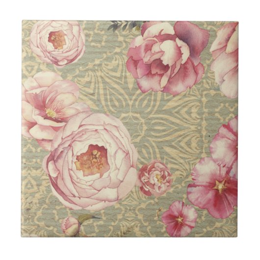 Antiek bloesems en petals op het Damaskpapier Tegeltje (Voorkant)