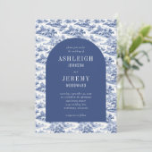 Antiek Blue Arch Toile Wedding Kaart (Staand voorkant)