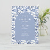 Antiek Blue Arch Toile Wedding Kaart (Staand voorkant)