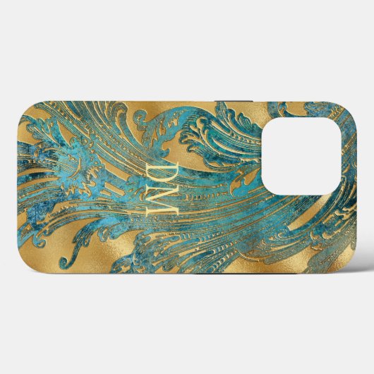 Antiek Blue Grunge Swirl Monogram op goud Case-Mate iPhone Case (Achterkant (horizontaal))