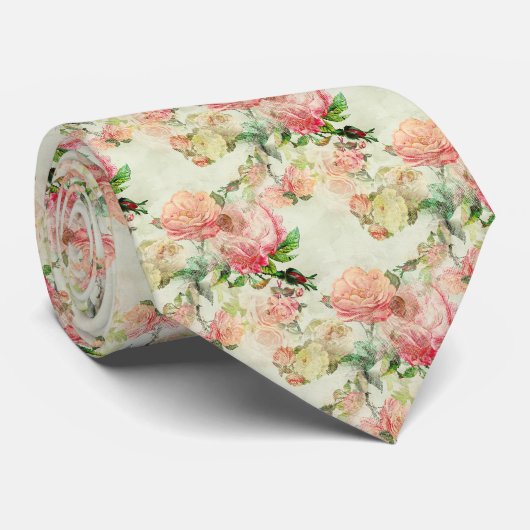 Antiek Blush Peach Roze Bloemen Rozen Art Pattern Stropdas (Opgerold)