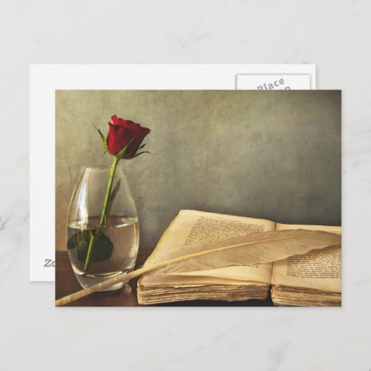 Antiek boek en Roos Briefkaart (Voorkant / Achterkant)