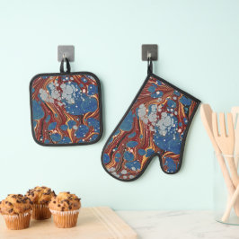 Antiek boek gemarmerd (blauw) ovenwant & pannenlap set