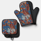 Antiek boek gemarmerd (blauw) ovenwant & pannenlap set (Voorkant / Achterkant)