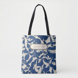 Antiek, boek, vogels, blauw, lees graag tote bag