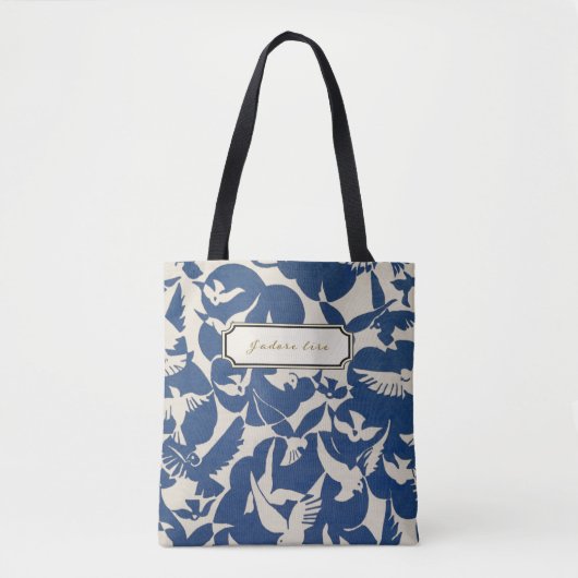 Antiek,  boek, vogels, blauw, lees graag tote bag (Voorkant)