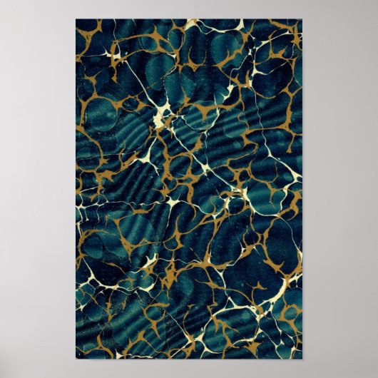 Antiek boekbinden, marmerend eindpapier blauw poster (Voorkant)