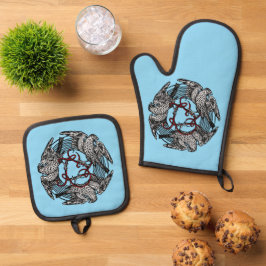 Antiek Boekplaat Drie Hawks William de Morgan Ovenwant & Pannenlap Set