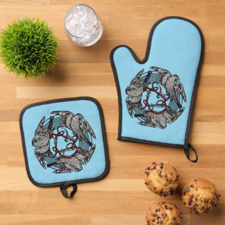 Antiek Boekplaat Drie Hawks William de Morgan Ovenwant & Pannenlap Set