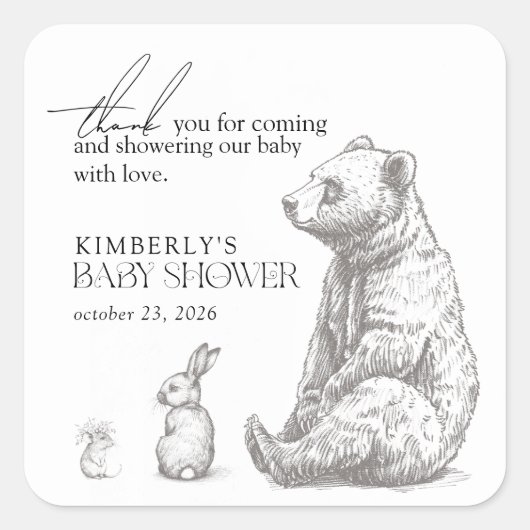 Antiek Bos Dieren Baby shower Dank u Vierkante Sticker (Voorkant)
