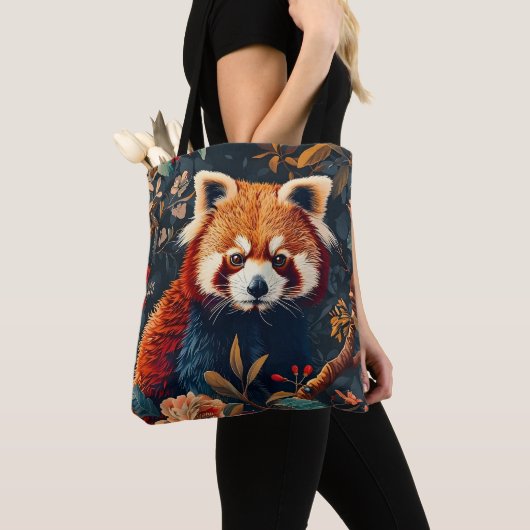 Antiek bos rode panda patroon bloementuin tote bag (Dichtbij)
