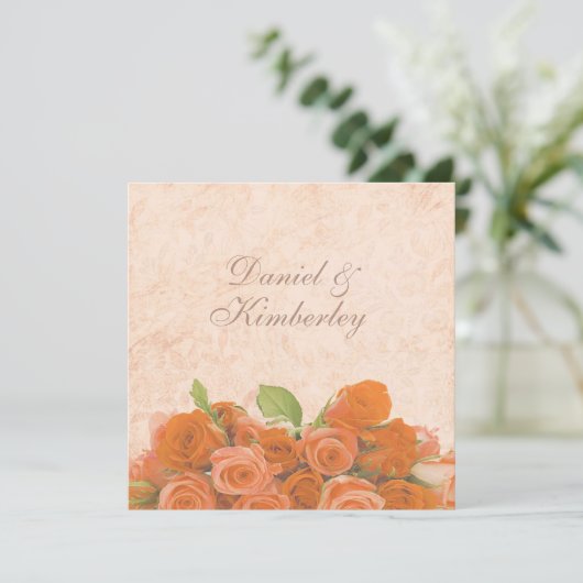 Antiek  brocade met Oranje Rozen bruiloft Kaart (Staand voorkant)