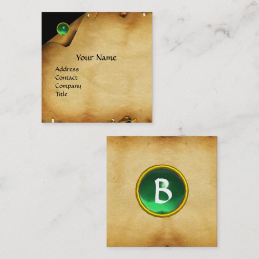 ANTIEK BROWN PARCHMENT, GROEN GEM STONE MONOGRAM VIERKANTE VISITEKAARTJE (Voorkant / Achterkant)