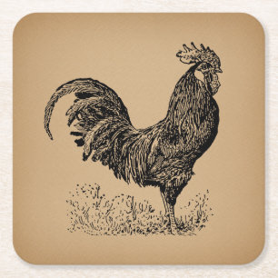 Antiek bruine rooster, illustratie Chicken Art Kartonnen Onderzetters