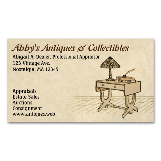 Antiek bureau met lamp, boeken en pen magnetisch visitekaartje (Voorkant)