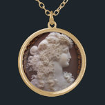 ANTIEK CAMEO, LADY MET DRUIVEN EN DRUIVEN GOUD VERGULDEN KETTING<br><div class="desc">Oude cammeo jewel met een mooi vrouwenprofiel met lange haarversieringen met druiven en druiven voor de wijngaarden</div>