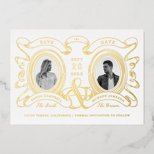 Antiek Cameo Photo Save the Date Gold Folie Uitnodiging (Voorkant)