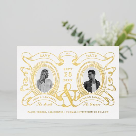 Antiek Cameo Photo Save the Date Gold Folie Uitnodiging (Staand Voorkant)