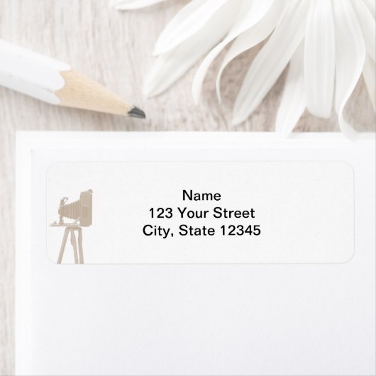 Antiek camera op sepia getinte achtergrond etiket (Insitu)