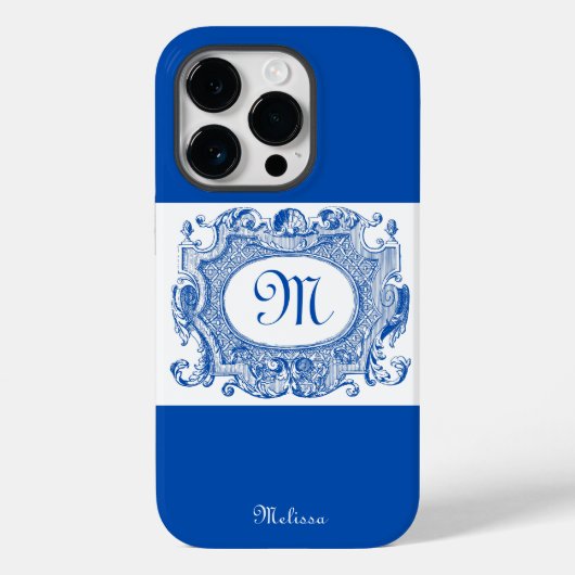 Antiek Cartouche Monogram Design Blue Case-Mate iPhone Case (Achterkant)