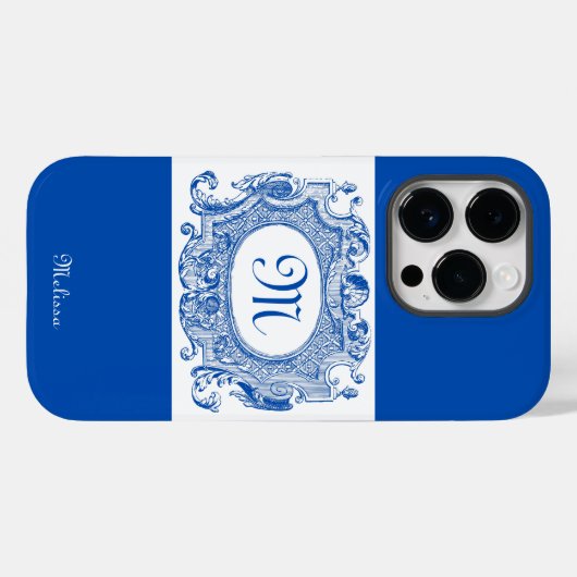 Antiek Cartouche Monogram Design Blue Case-Mate iPhone Case (Achterkant (horizontaal))