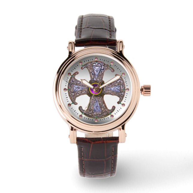 ANTIEK CELTISCHE CONSECRATIE KROSS Paarse gemstene Horloge (Voorkant)