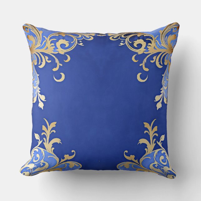Antiek Champagne Gold Filigree Royal Blue Kussen (Voorkant)