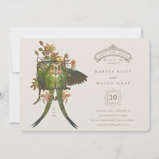 Antiek Charm Parrot 'Save the Date' Uitnodiging (Voorkant)