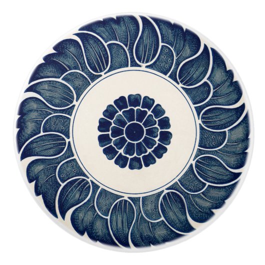 Antiek Chinees Blauw en Wit Bladpatroon Keramische Knop (Voorkant)