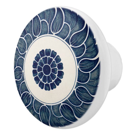Antiek Chinees Blauw en Wit Bladpatroon Keramische Knop (Rechts)